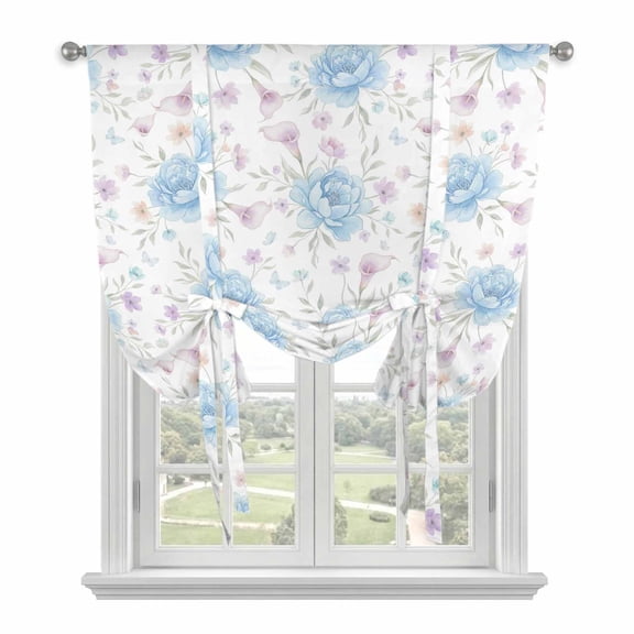 Pink Blue Flower Balloon Curtains for Living Room/French Door, Spring Watercolor Floral Plant Textured Tie Up Curtains 63 Inch Length Energy Saving Kitchen Curtains Shades for Windows 42"x63"