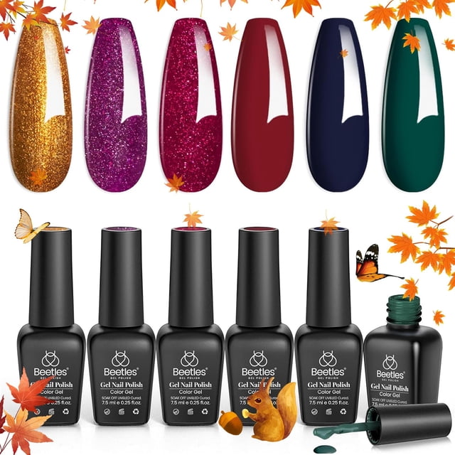 Kit de esmaltes de uñas Beetles Fall Gel, 6 colores, dorado, verde y burdeos