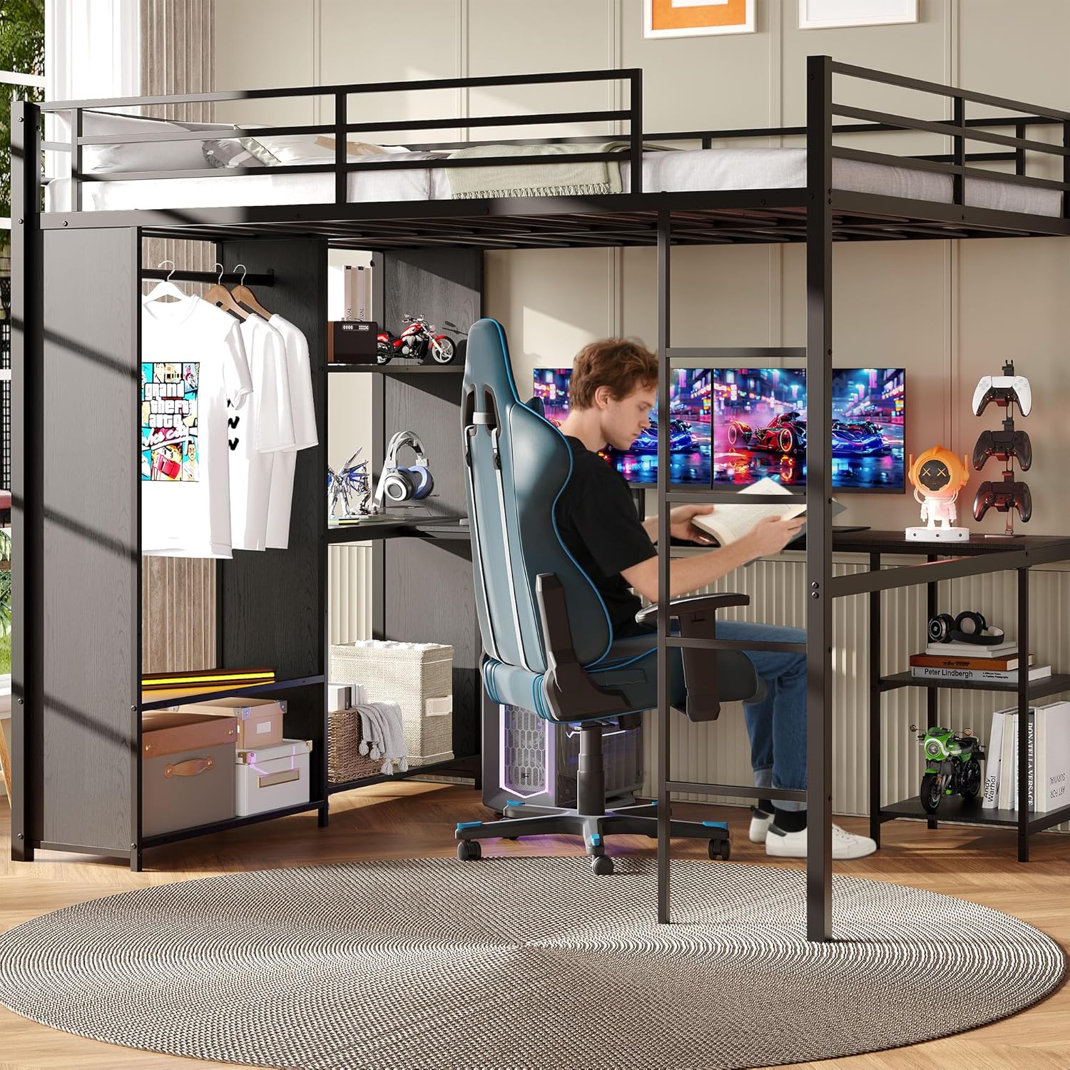 Rugerasy Queen Size Metal Loft Bed with Desk and Storage Shelves,Heavy Duty Bedframe with Wardrobe,Hanging Rod,Guardrail and Ladder,Black