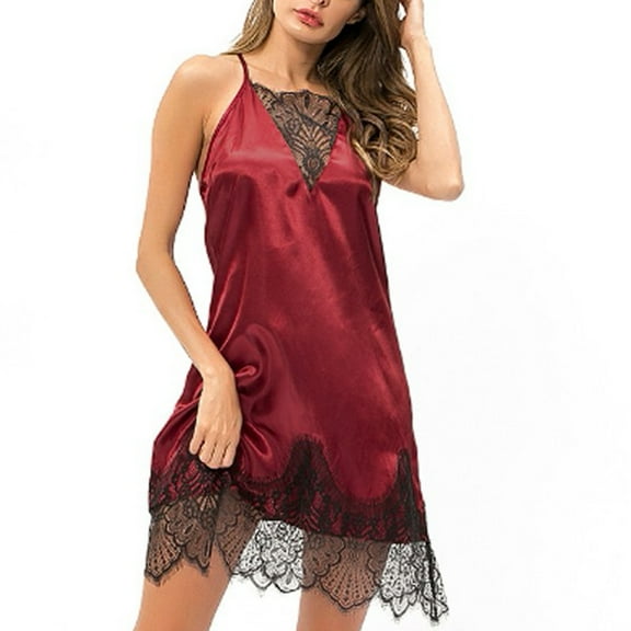 Fengqque New Sexy Satin Lace Silk Pajamas Nightdress Lingerie Women Underwear Sleepwear