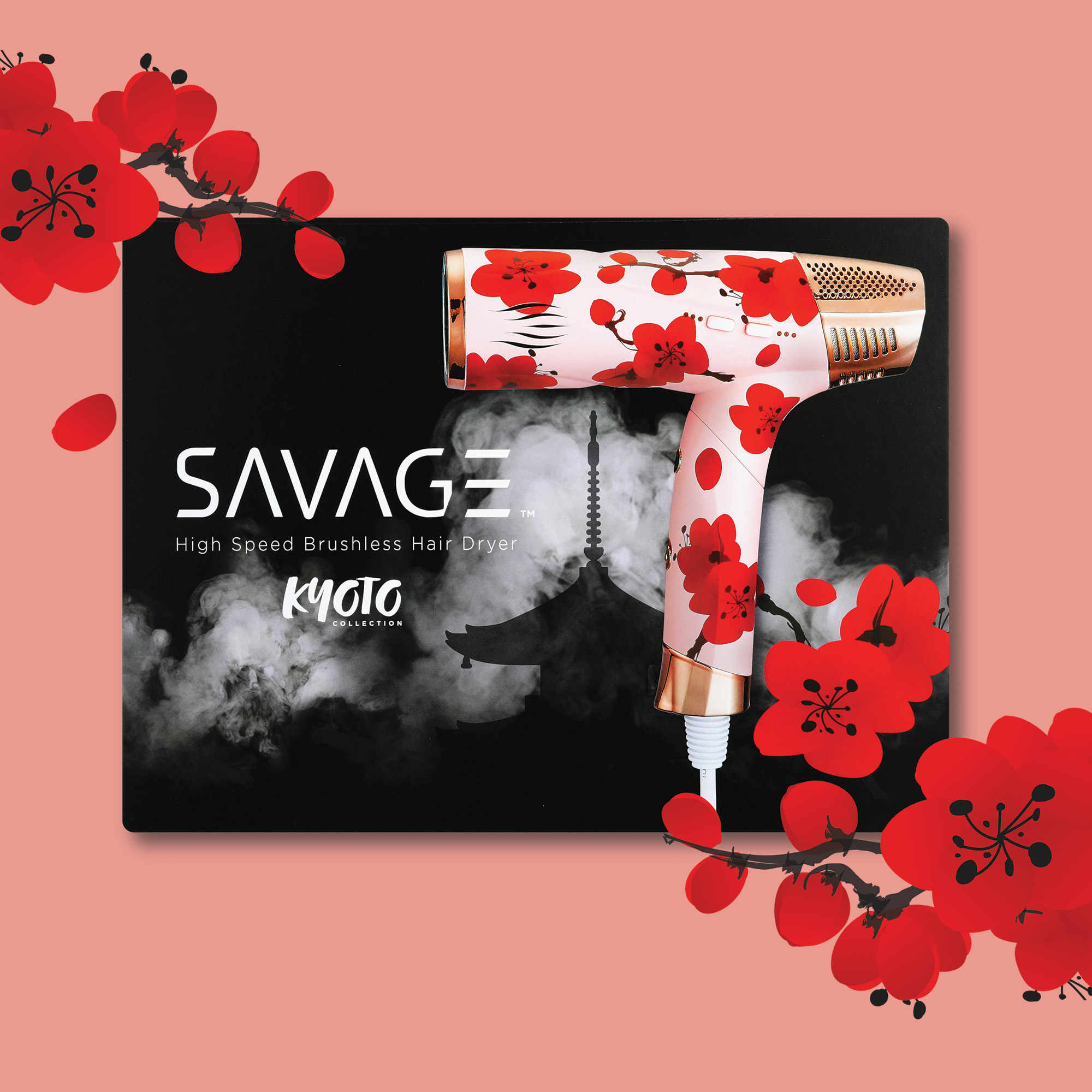 Savage Hair Dryer, Professional Blow Dryer for Women, Kyoto Design, 110,000 RPM Brushless Motor, Cool Shot, Hold, Self Clean, Plasma Functions, Memory System, 4 Styling Nozzles, 9ft Cord