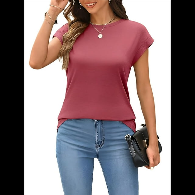 Camiseta de Verano para Mujer, Color Liso, Cuello Redondo, Corta, Color Rojo Vino, Talla M