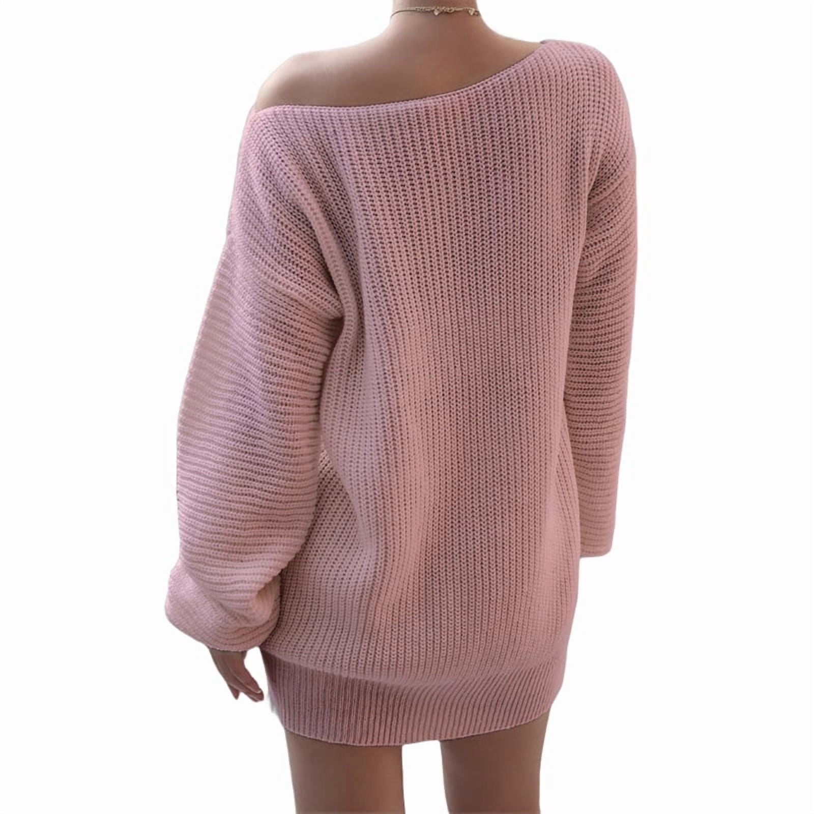 Women'S Off Shoulder Lantern Long Sleeve Sweater Dress Fall Loose Ribbed  Knit Solid Mini Jumper Pullover Dresses Pink L - Walmart.com
