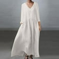 thumbnail image 2 of Jinhomg Women's Flowy Beach Dress Plus Size Casual Solid Cotton Linen Dresses Lightweight Comfy Long Sleeve V-Neck Maxi Dress Trendy Vacation Dresses White S, 2 of 10