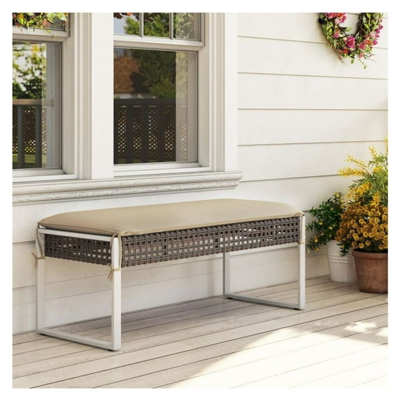 43 Inch Patio Ottoman with Cushion, Metal Legs, PE Rattan Outdoor Footrest - Beige Cushions, Mix Brown Wicker - Loveseat Bench, Coffee Table for Backyard, Poolside, Porch