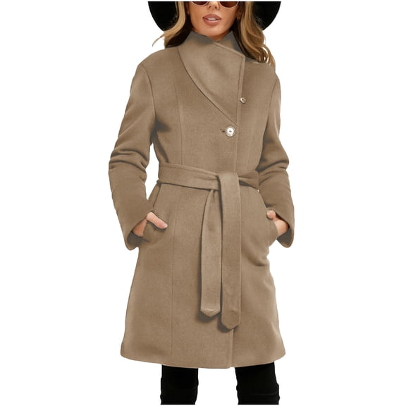 DAFPZW Elegant Stand Collar Pea Coats for Women Thicken Wool Single Breasted Mid-Long Thicken Wool Trench Coat with Belt