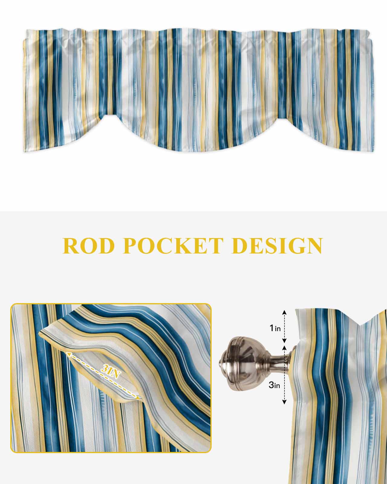 Vintage Stripes Tie Up Valances Curtain, Blue Yellow Striped Abstract Lines Gradient Kitchen Valances for Windows Decor, Rod Pocket Short Curtains Set for Bedroom/Bathroom, 54"x18"