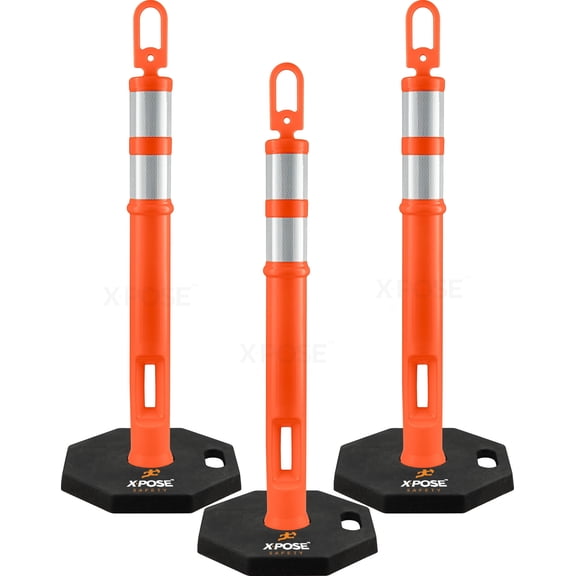 44" Delineator Post with Base - 3pk - Ring Top Orange Traffic Stanchion with 10" Reflective Band - 13 lb Octagonal Rubber Base - Security, Street Safety Cordon, Garage Parking Aid - by Xpose Safety