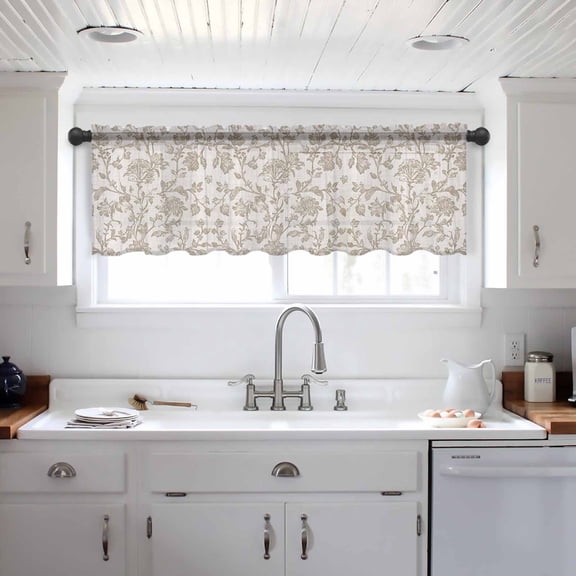 Farmhouse Khaki Valance Curtains for Kitchen/Living Room/Bathroom/Bedroom Window, Vintage Flower Leaf Botanical Plant Rod Pocket Small Topper Half Short Window Curtains Voile Sheer Scarf 42"x18"