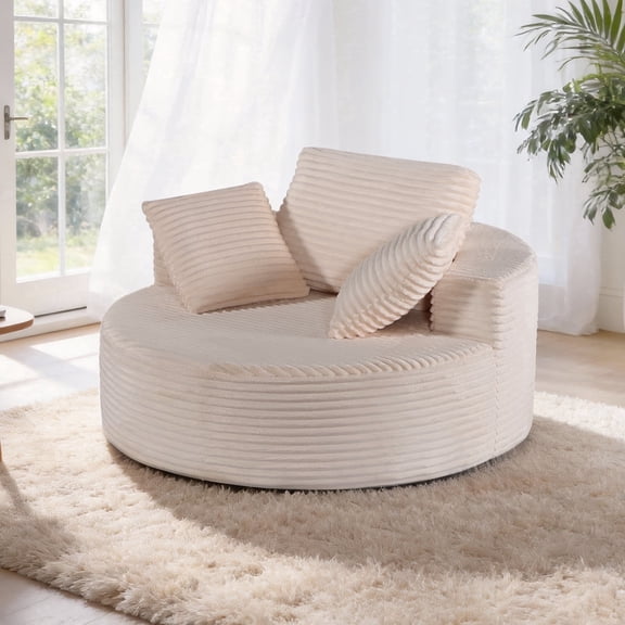 Sonovafurn 55" Oversized Round Chaise Lounge Chair Indoor, Corduroy Upholstered Cloud Sofa Couch for Living Room Bedroom Apartment, No Assembly, Beige