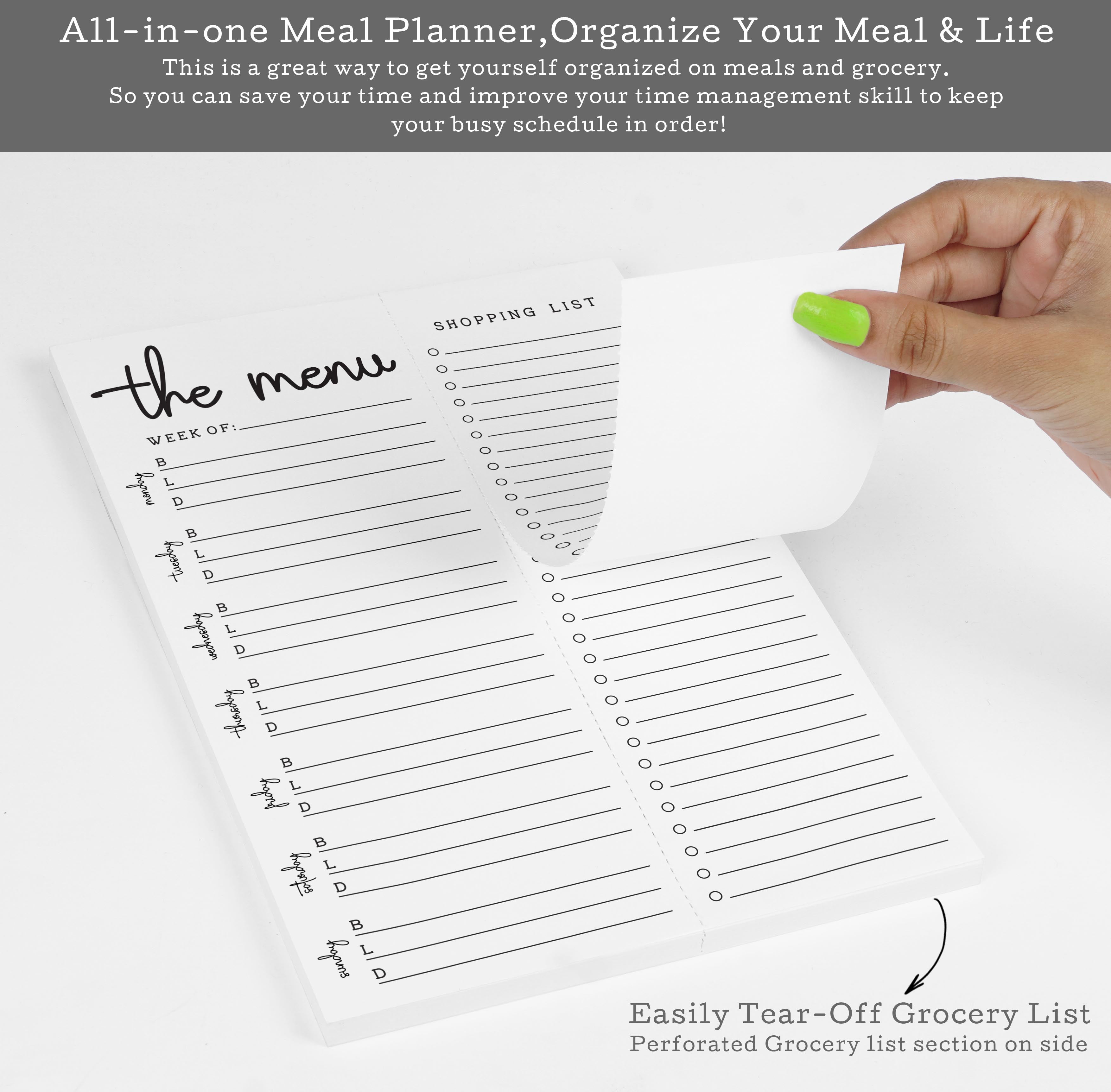 Inkdotpot Weekly Meal Planner Notepad 7"x10 , "The Menu" Magnetic Meal Planning Pad with Tear Off Grocery Shopping List for Fridge- Kitchen & Home - 54 Sheets -8Q