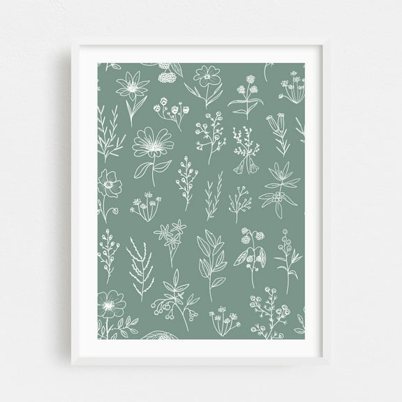 Wildflowers Pattern Sage Green - Illustration Floral Botanical Line Art Flowers Minimalist Nature Modern Art White Framed Wall Art Print 16 x 20 inches