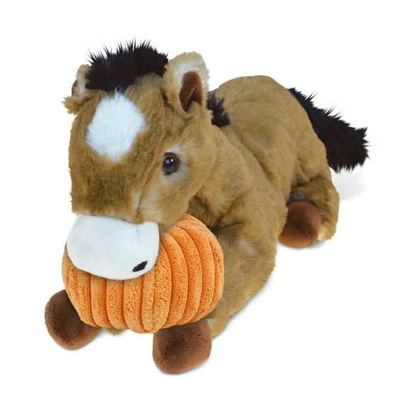 DolliBu Super Soft Lying Brown Horse Stuffed Animal with Pumpkin Decor - Pumpkin Plush Animal for Fall, Halloween and Thanksgiving, Pumpkin Toy for Baby, Kids, Adults - 10.5 Inches