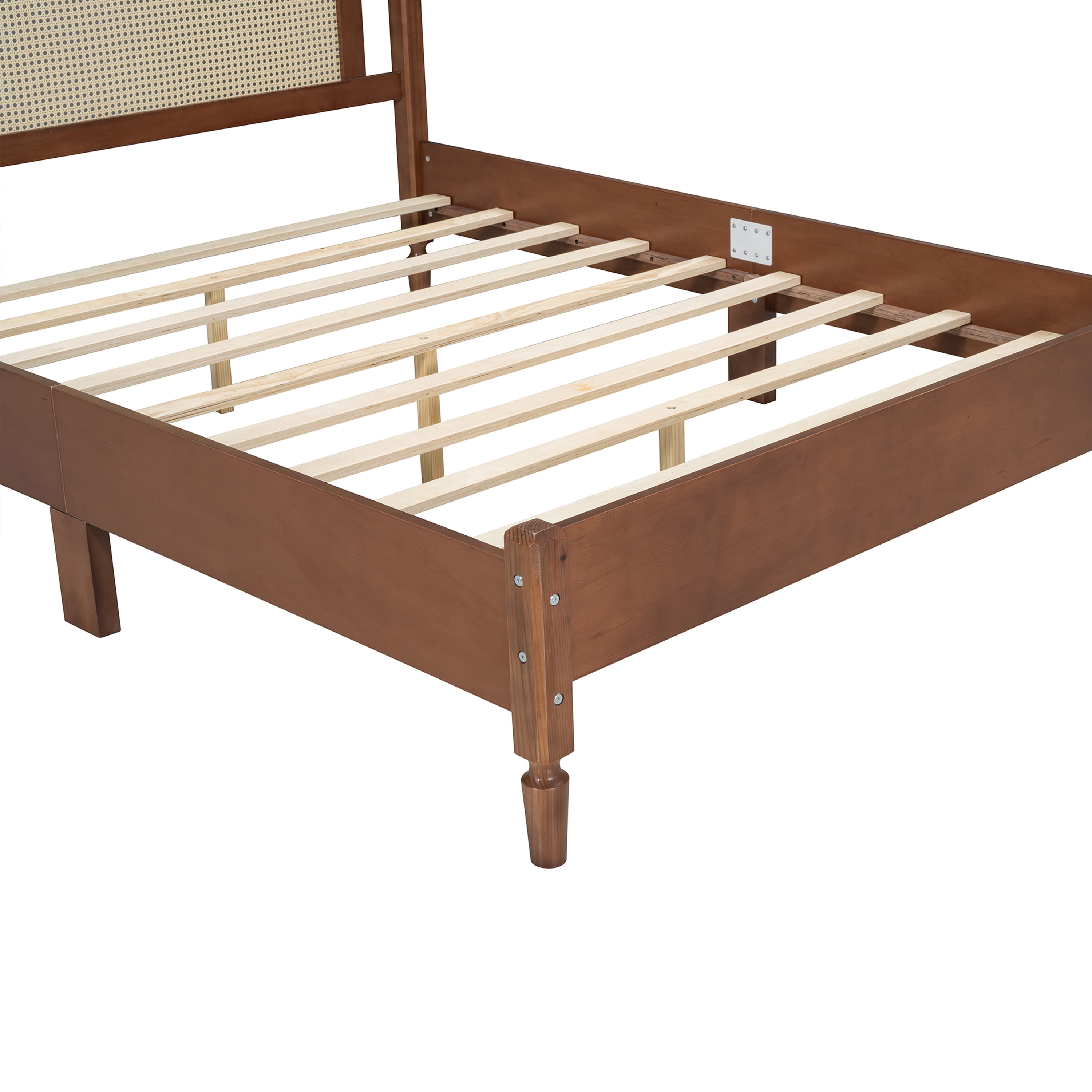 SESSLIFE Platform Bed Frame, Wood Modern Queen Size Bed with Natural Rattan Headboard, Vintage Queen Bed Frame with Slat Support, No Box Spring Needed, Walnut