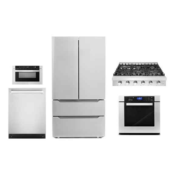 5 Piece Kitchen Package With 36" Slide-In Gas Cooktop 24" Built-in Fully Integrated Dishwasher 30" Single Electric Wall Oven 24" Built-In Microwave Drawer & French Door Refrigerator