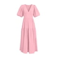 thumbnail image 4 of QUNYINEY Puff Short Sleeve Summer Dresses for Women Pink Flowy Casual Long A Line Dress V Neck Pleated Loose Fit Vacation Dresses, 4 of 7