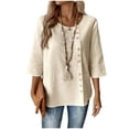 thumbnail image 2 of thefmos Women Plus Size Fall Round Neck 3/4 Sleeve Button Down Casual Solid Boho Pullover Tops for Women Cute Trendy Comfy Loose Fit Tunic Blouses Winter Business Work Clothes, Beige L, 2 of 5