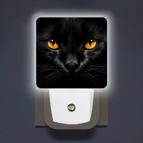 LED Night Lights Lamp with Dusk to Dawn Sensor, Black Cat With Yellow Eyes On Black Background Night Light Plug Into Wall for Kids Room, Bedroom, Bathroom, Kitchen, Hallway