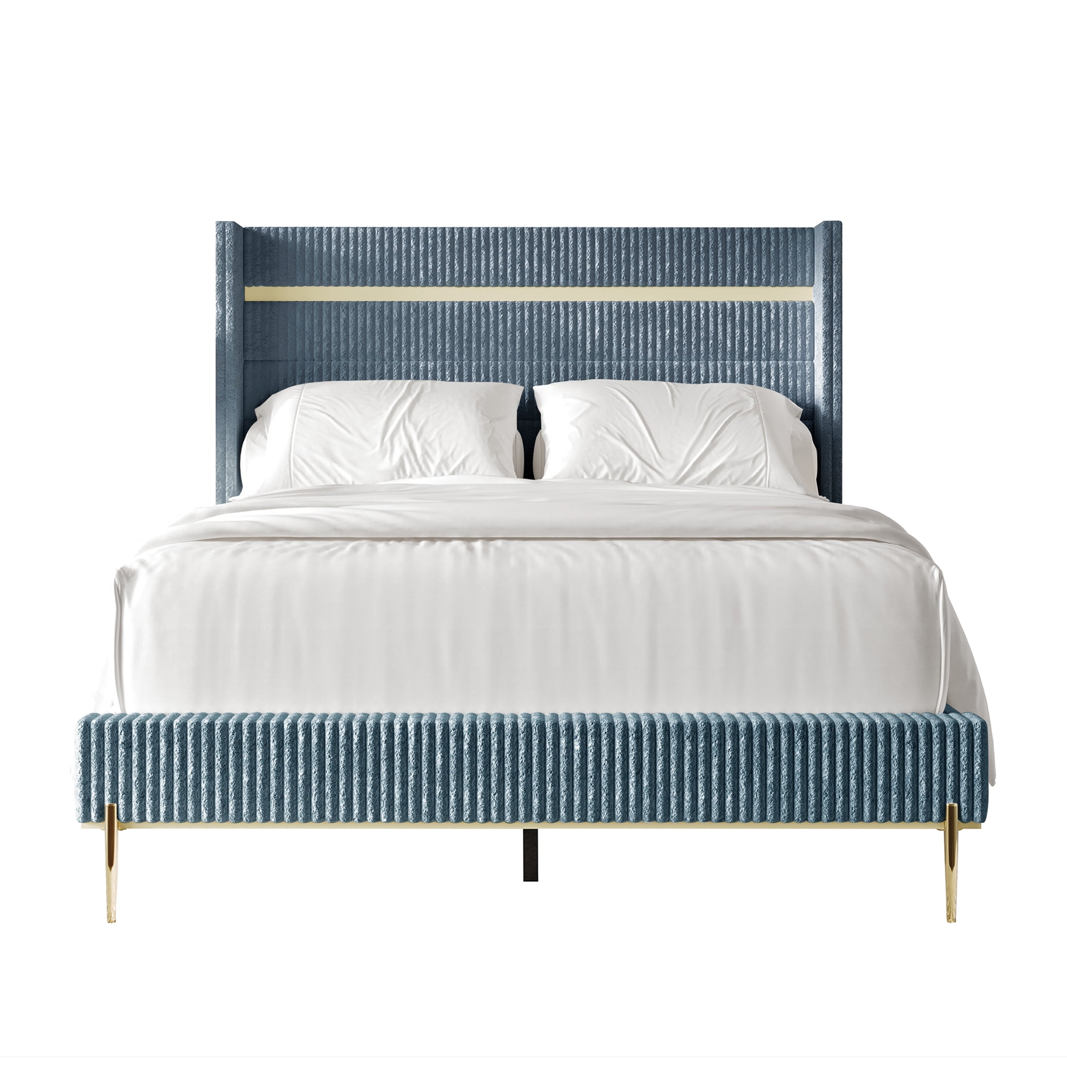 Castle Place Corduroy Gold PU Strip Wingback Upholstered Queen Bed, Light Blue