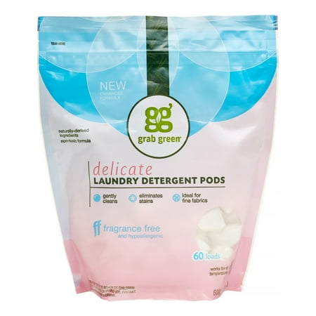 Grab Green Natural Delicate Laundry Detergent Pre-Measured Powder Pods, Fragrance Free, 60 Loads