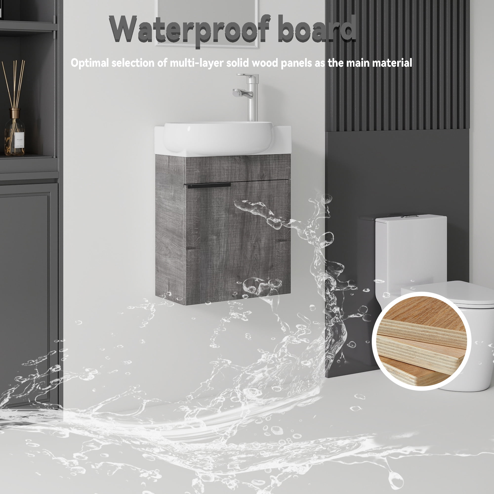 Leumius 16" Wall-Mount Bathroom Vanity Cabinet with with Ceramic Sink & Soft‑Close Doors for Small Space,Bathrooms,Grey