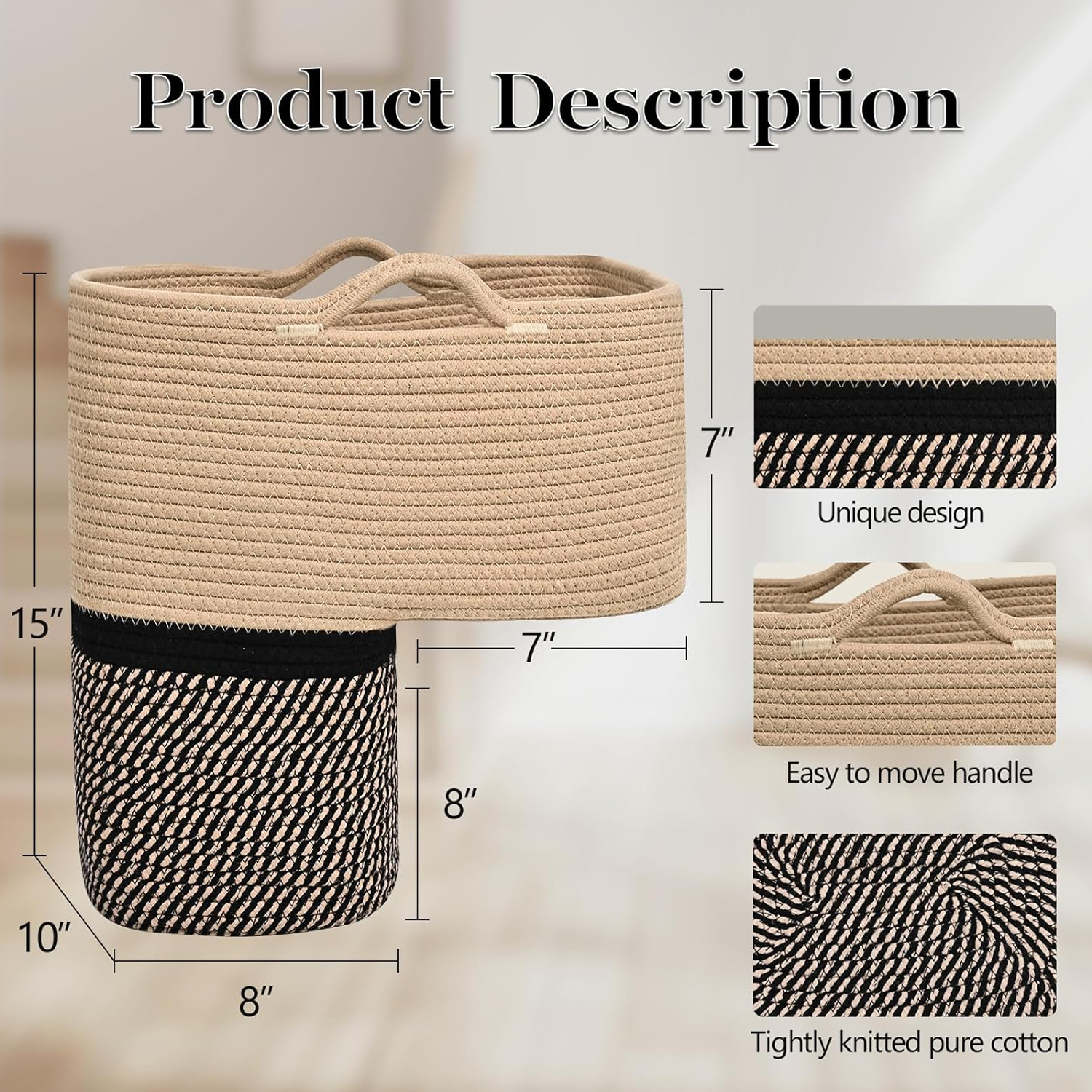 Natubeau Woven Stair Basket, Carpeted Stairs Storage Basket with Handles, Stair Baskets for Wooden Stairs, Staircase Baskets for Toys, Books, Black&Brown, 15"L x 10"W x 15"H