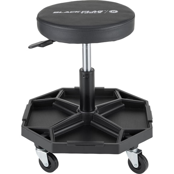 Black Flag™ Padded Rolling Mechanic Shop Stool with Pneumatic Height Adjustment, 360° Swivel Seat, Built-In Tool Tray Storage and Smooth 2.5-Inch Caster Wheels, 300 lb Capacity