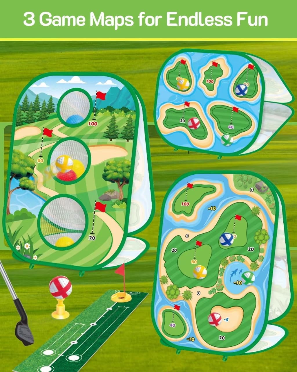 Toddler Golf Set, Golf Chipping Game,4-In-1 Kids Sticky Golf Games Set With Club, Golf Putting Practice Mat,3-Sided Golf Chipping Net,Golf Cornhole Board Set,Indoor Outdoor Golf Toys For Kids & Adult