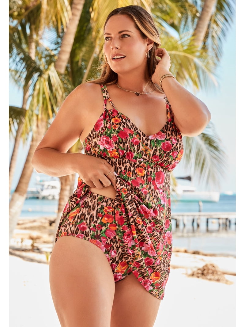 ladies plus size swim dresses Miraclesuit Black/White Plus Size Pin Point Marais Swim Dress, Us 22W