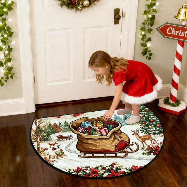 Todaioua Semicircle Christmas Doormat 40x60cm - Non-Slip Absorbent Kitchen Rug, Washable Polyester Holiday Floor Mat for Indoor Outdoor Entryway, Bathroom & Porch Decor