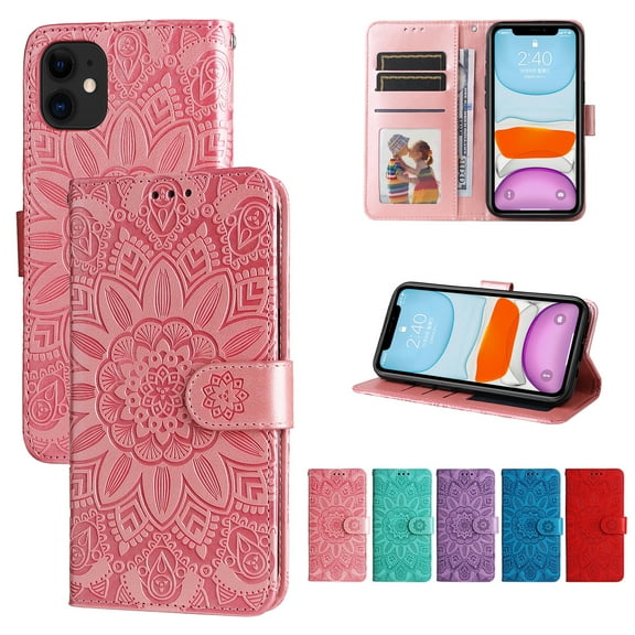 Cutyskin Case for iPhone 11,Wallet Case,PU Leather Flip,Kickstand,Double Magnetic Clasp,Embossed Mandala Flower Lanyard Protective PU Leather Cover For iPhone 11, Rosegold