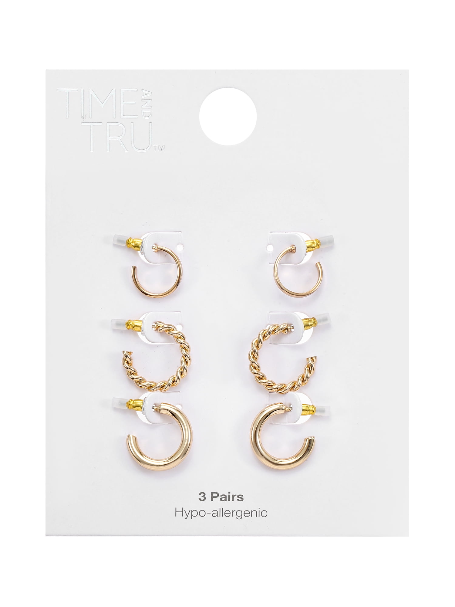 Time and Tru Gold Hoop Earring Trio for Women, 3 Pairs