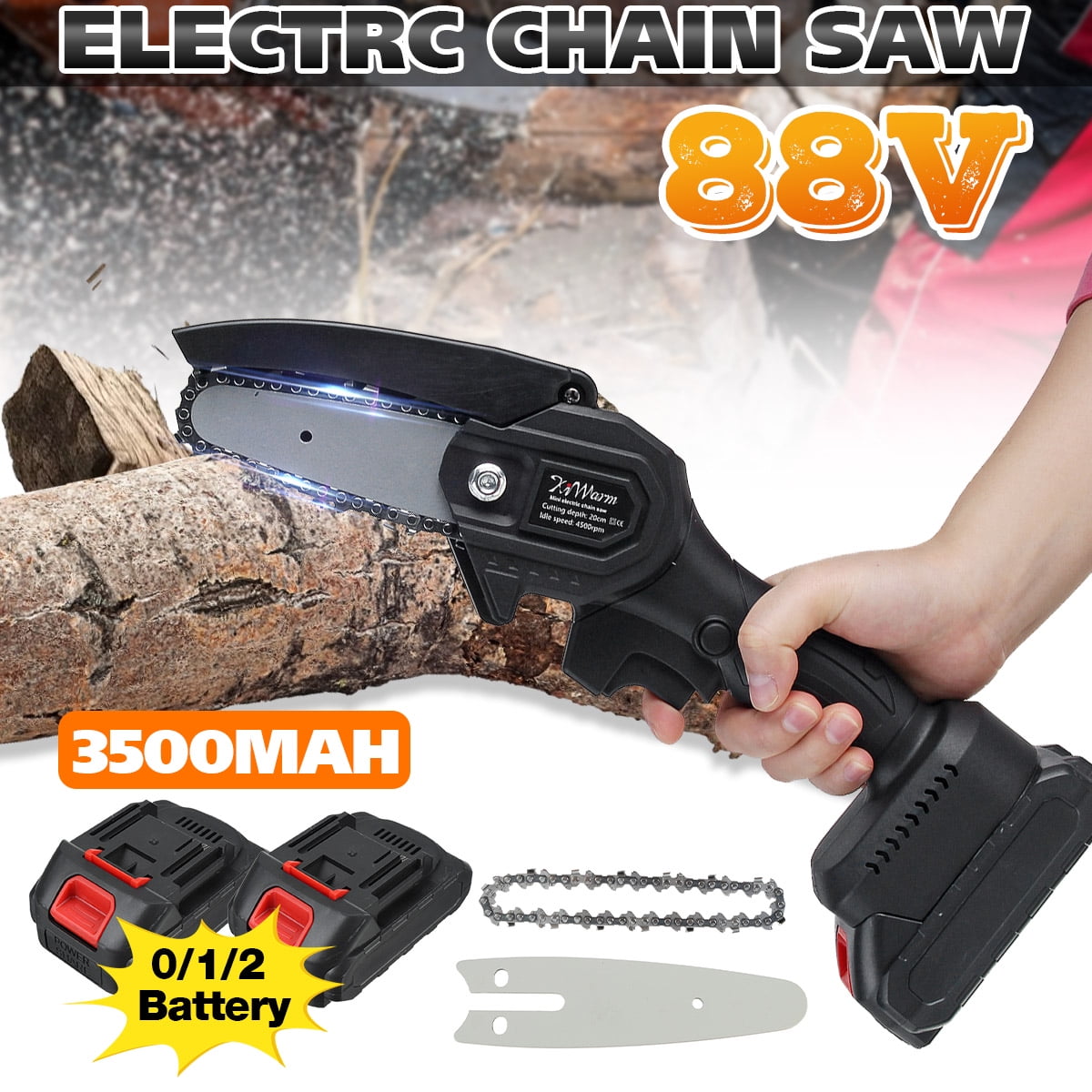 2 Battery Cordless Electric Chain Saw Wood Mini Cutter One-Hand Saw Woodworking 