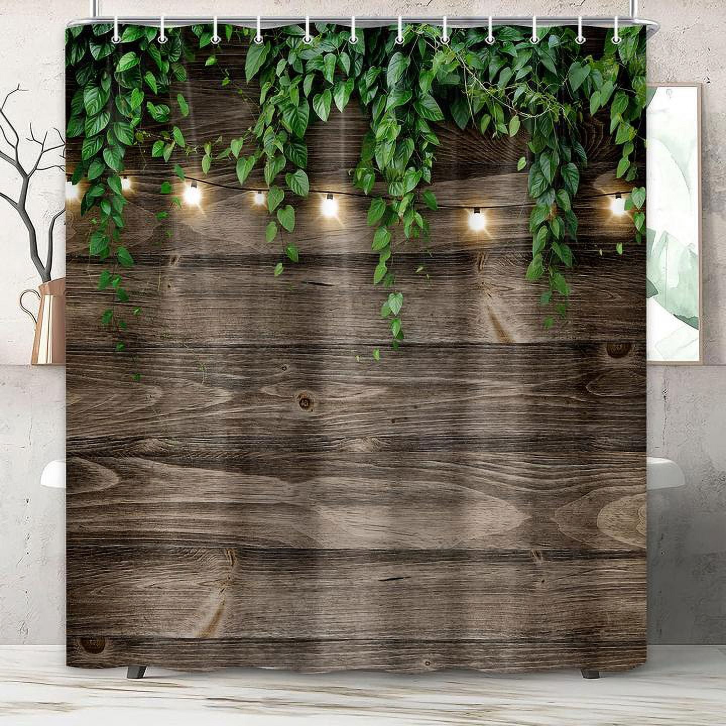 Rustic Outdoor Wall Shower Curtain, Grey Camo Shower Curtain Set for Bathroom, Vintage Wooden Bran Door Green Leaves Fabric Shower Curtain Restroom Bathtub Decor Accessories with Hooks 72X 84 inch