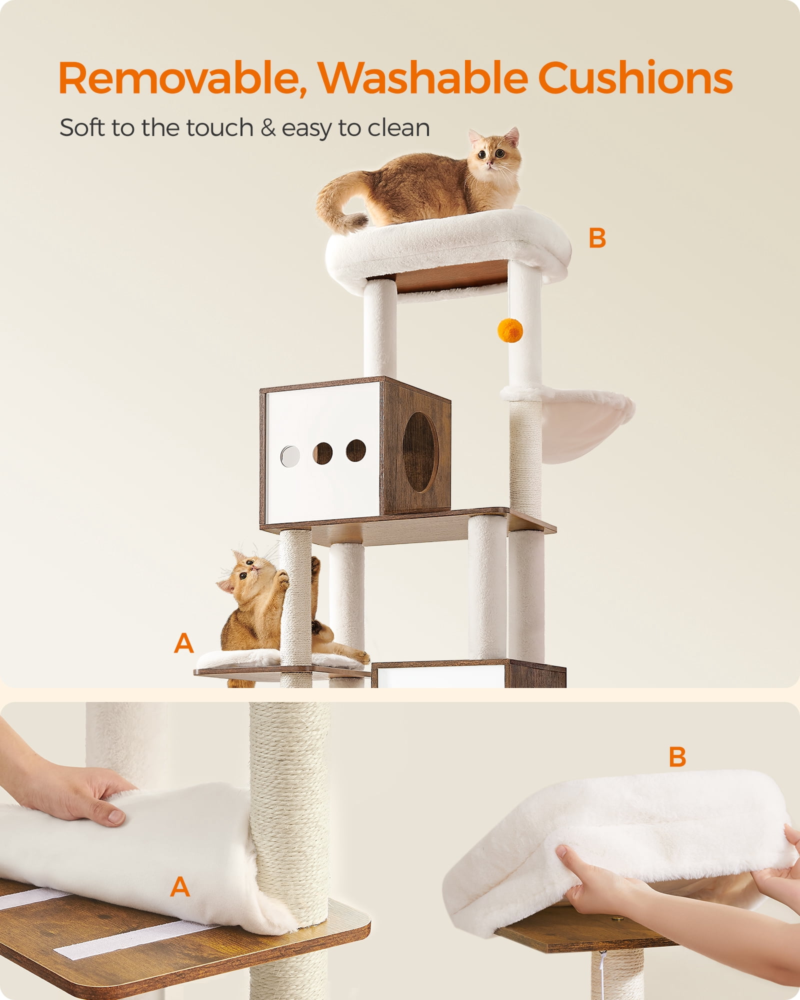 Cat Tree with Litter Box Enclosure - 2-in-1 Modern Cat Tower | 72.8-Inch Tall Condo with Scratching Posts, Perch, Caves, Basket, Washable Cushions, Rustic Brown