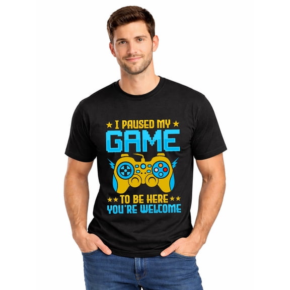 Graphic Short Sleeve T-Shirt for Men Classic Fit Crewneck with Paused Gamer Tee Soft Cotton Fabric on Black Fabric
