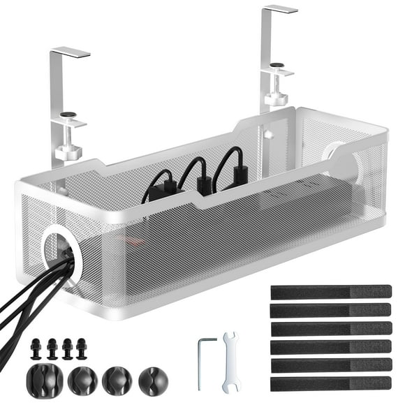 Under Desk cable Management Tray White, cinati cable Management Under Desk No Drill, cable Tray with clamp for Desk Wire Management,Desk cable Management Box for Office, Home - No Damage to Desk