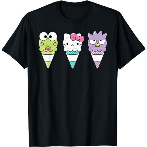 Hello Sanrio Keroppi Hello Kitty Badtz-Maru Ice Cream Cone T-Shirt, Cute Kitten Tee For Men Women Cat Lovers, Black Color, Size S