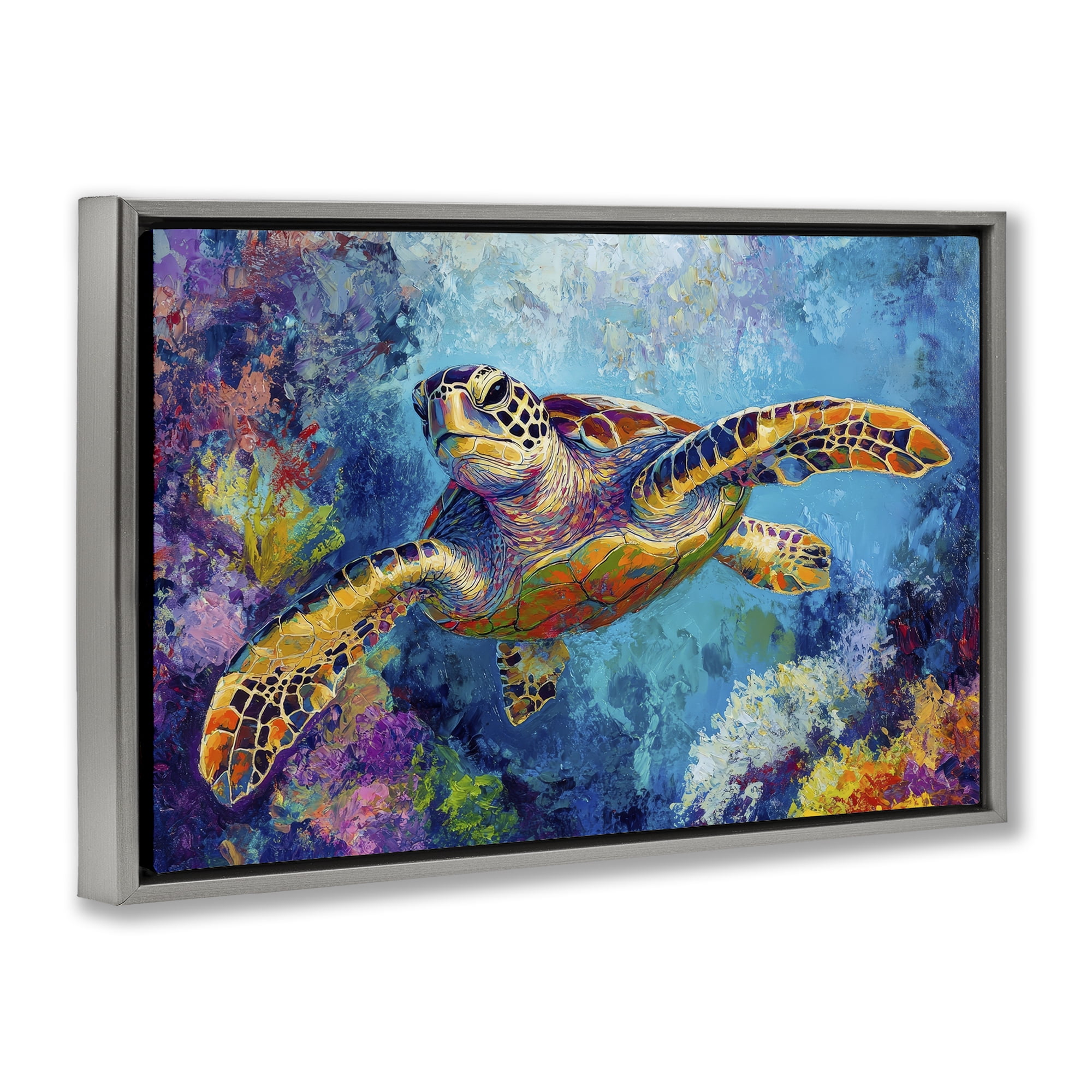 Stupell Industries Colorful Sea Turtle over Coral Gray Framed Floater Canvas Wall Art, design by Petal Prints Design