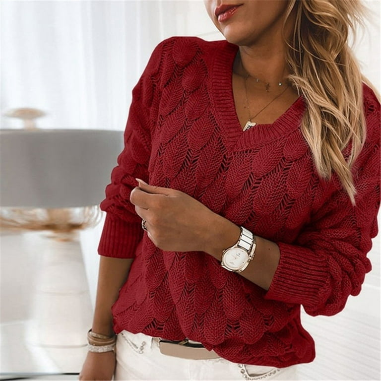 Sweater Vest Women v-Neck Feather Shape Long Sleeve Tops Trendy