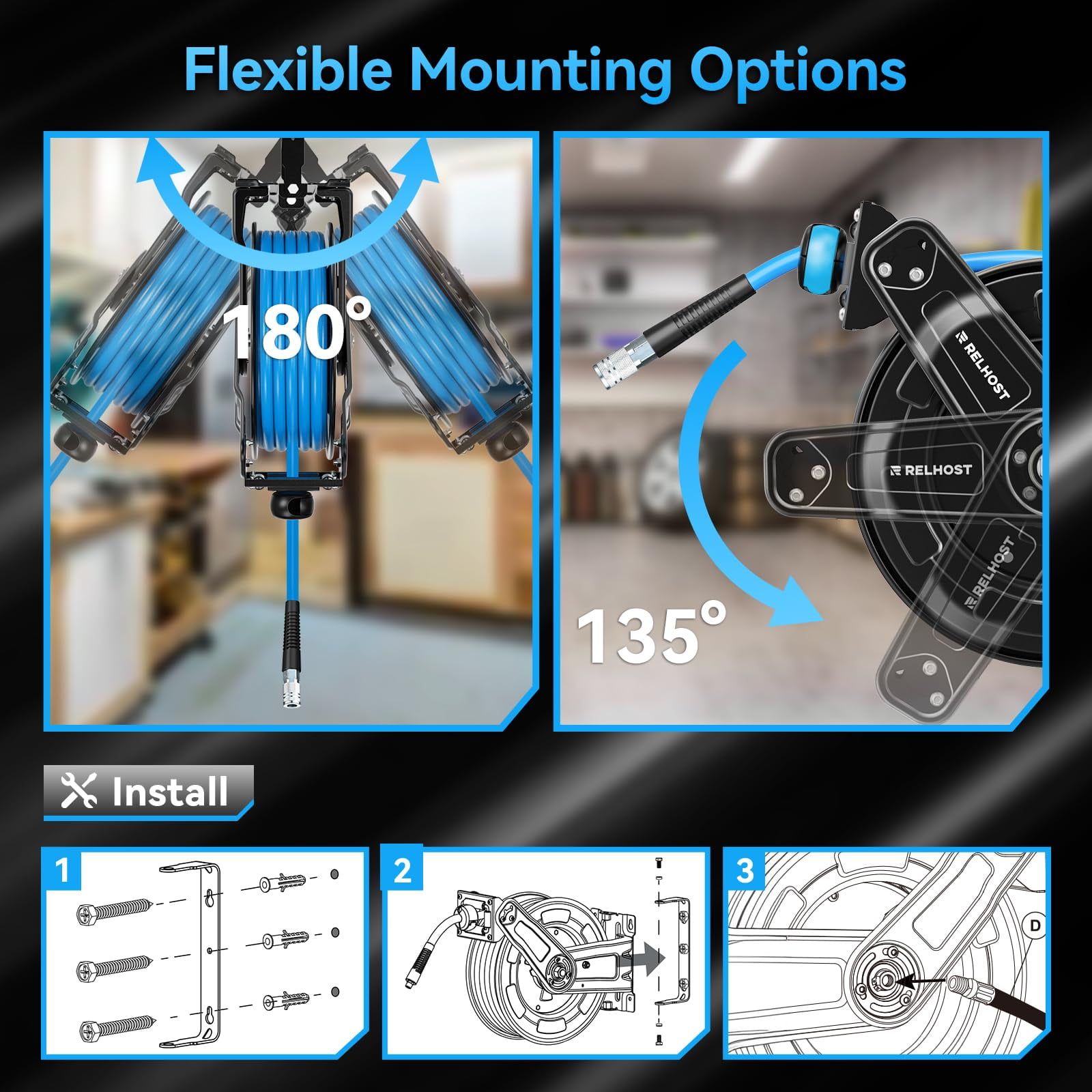 Relhost Retractable Air Hose Reel, 50 ft x 3/8 in Hybrid Air Hose Max 300PSI, Heavy Duty Air Compressor Hose Reel with Dual Arms, Auto Rewind, 180° Swivel Ceiling/Wall Mount for Garages, Workshops