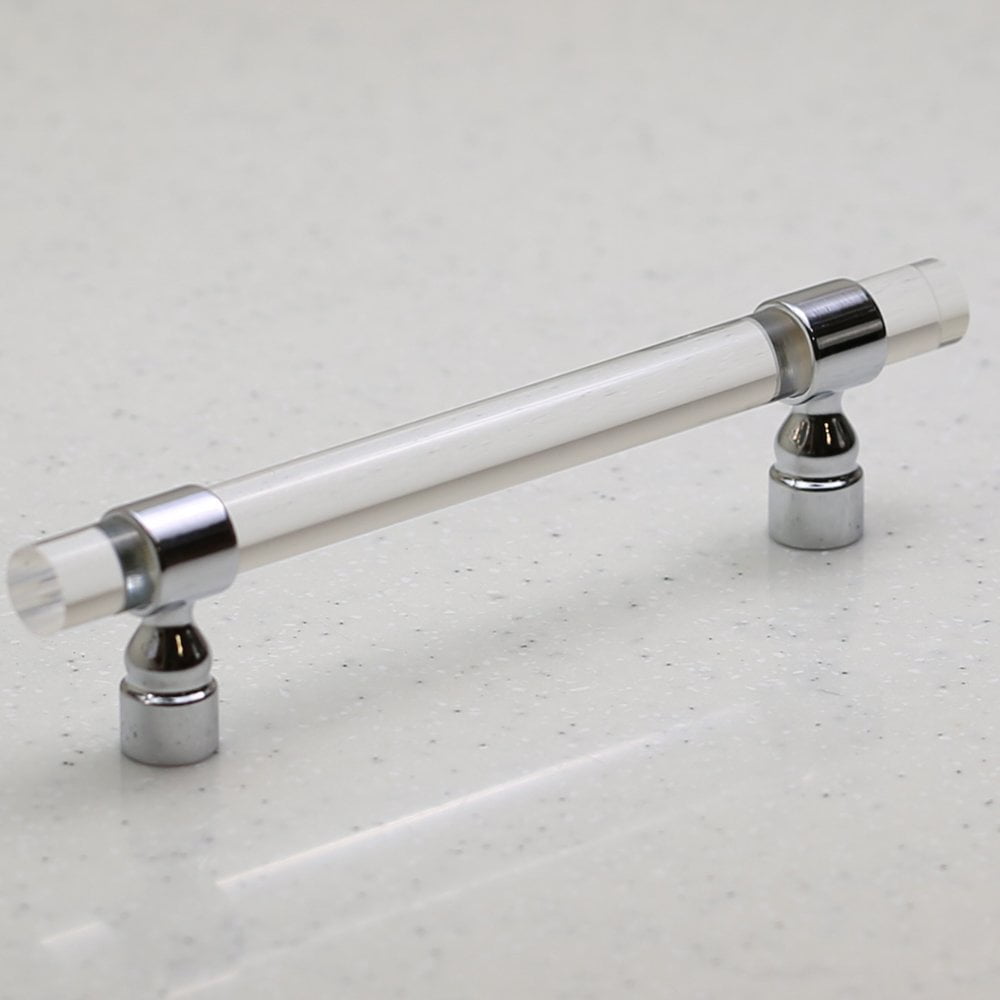 Lucite on Polished Chrome Pull 128mm Hole Centers, 7" Overall Length Clear Acrylic