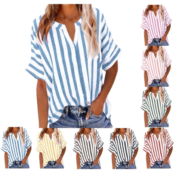 YHAJDS Polo Shirts for Women Fashion Short Sleeve V Neck Cotton Linen Like Stripe Casual Button Pocket Open Front Shirt