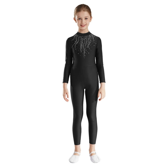 Kaerm Girls Rhinestones Long Sleeve Unitard Full Body Stretch Gymnastics Leotard Dance Bodysuits Black 14