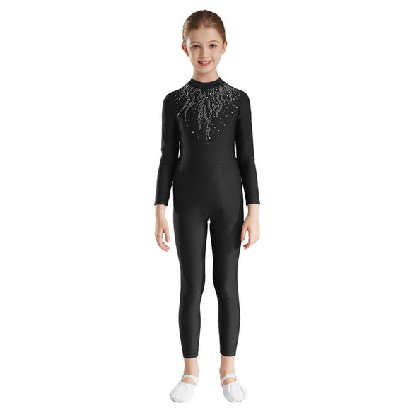 Kaerm Girls Rhinestones Long Sleeve Unitard Full Body Stretch Gymnastics Leotard Dance Bodysuits Black 14