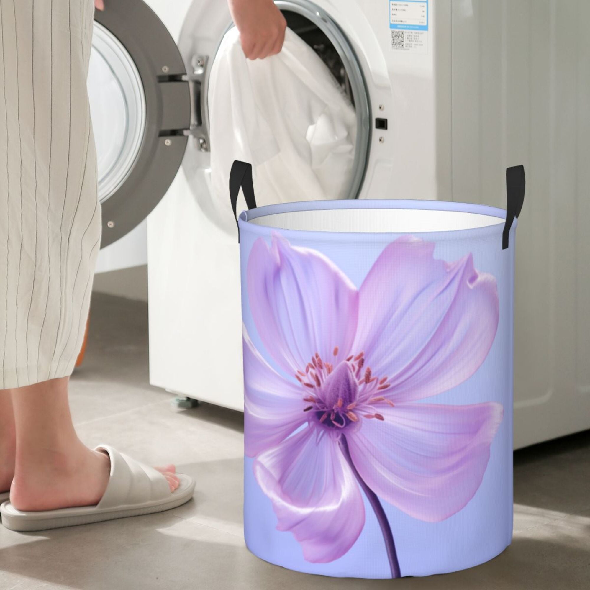 Bright Purple Flower Laundry Hamper Medium Storage Basket/Toy Organizer/Dirty Clothes Bucket