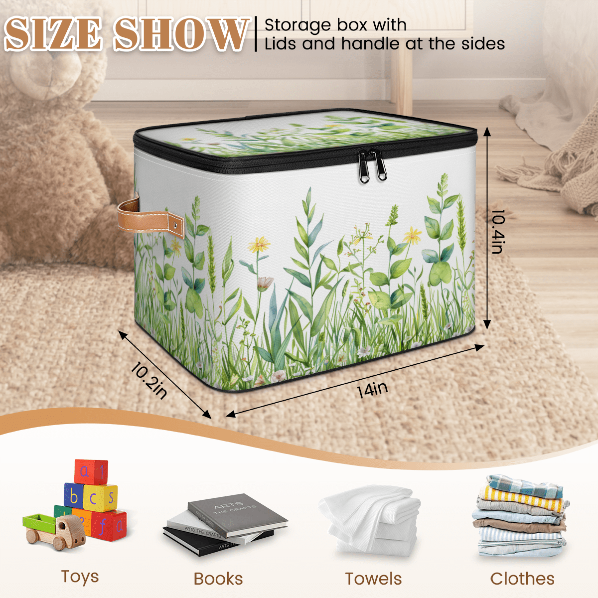 CURLYOOT Spring Floral Fabric Storage Bins with Lids, Farmhouse Summer Flowers Foldable Storage Boxes Washable Storage Cube, Closet Bedroom Home Organizer Containers with Handles