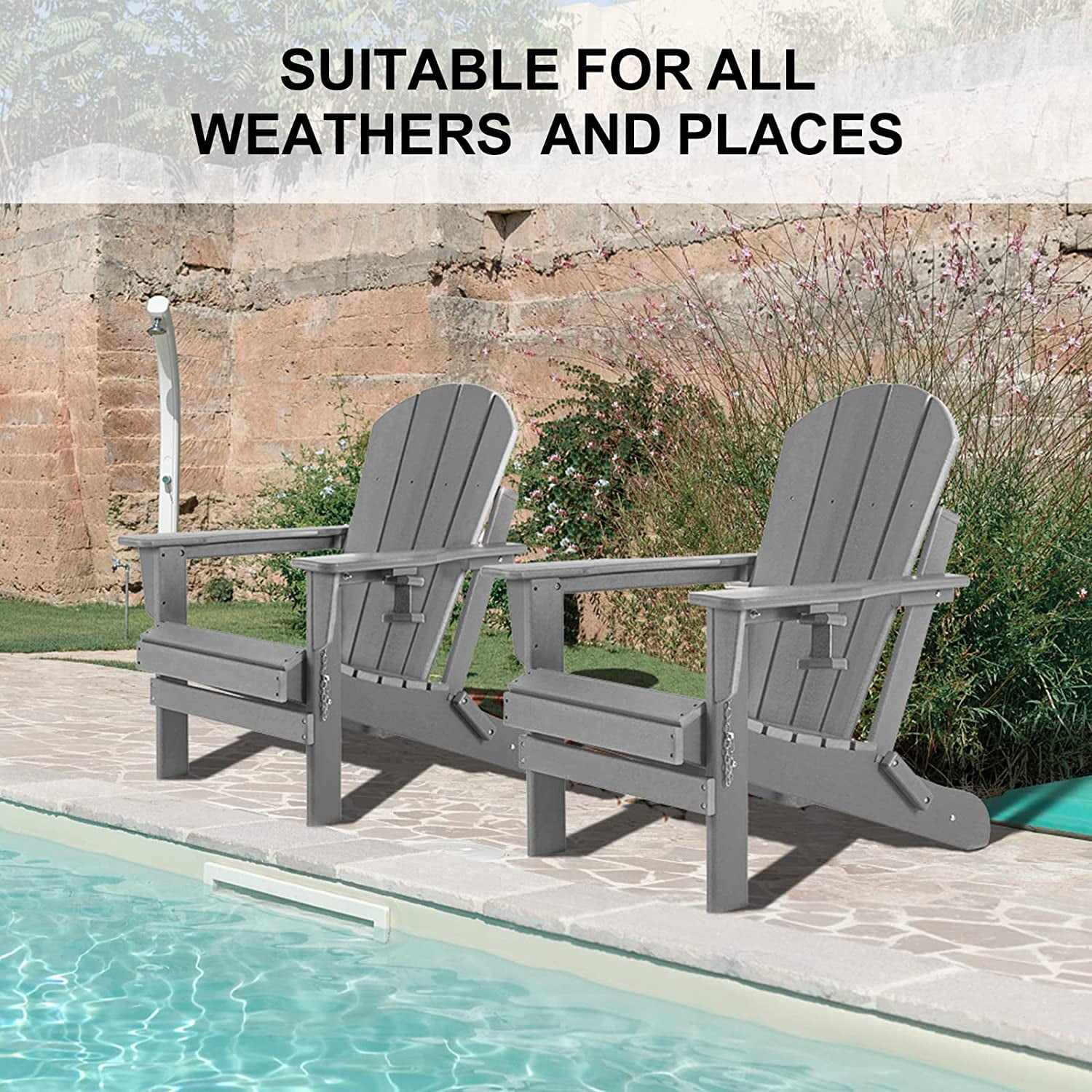 Nalone Folding Adirondack Chair with Cushion with Cup Holder, HDPE Plastic Oversized Patio Chair Weather Resistant(Gray)