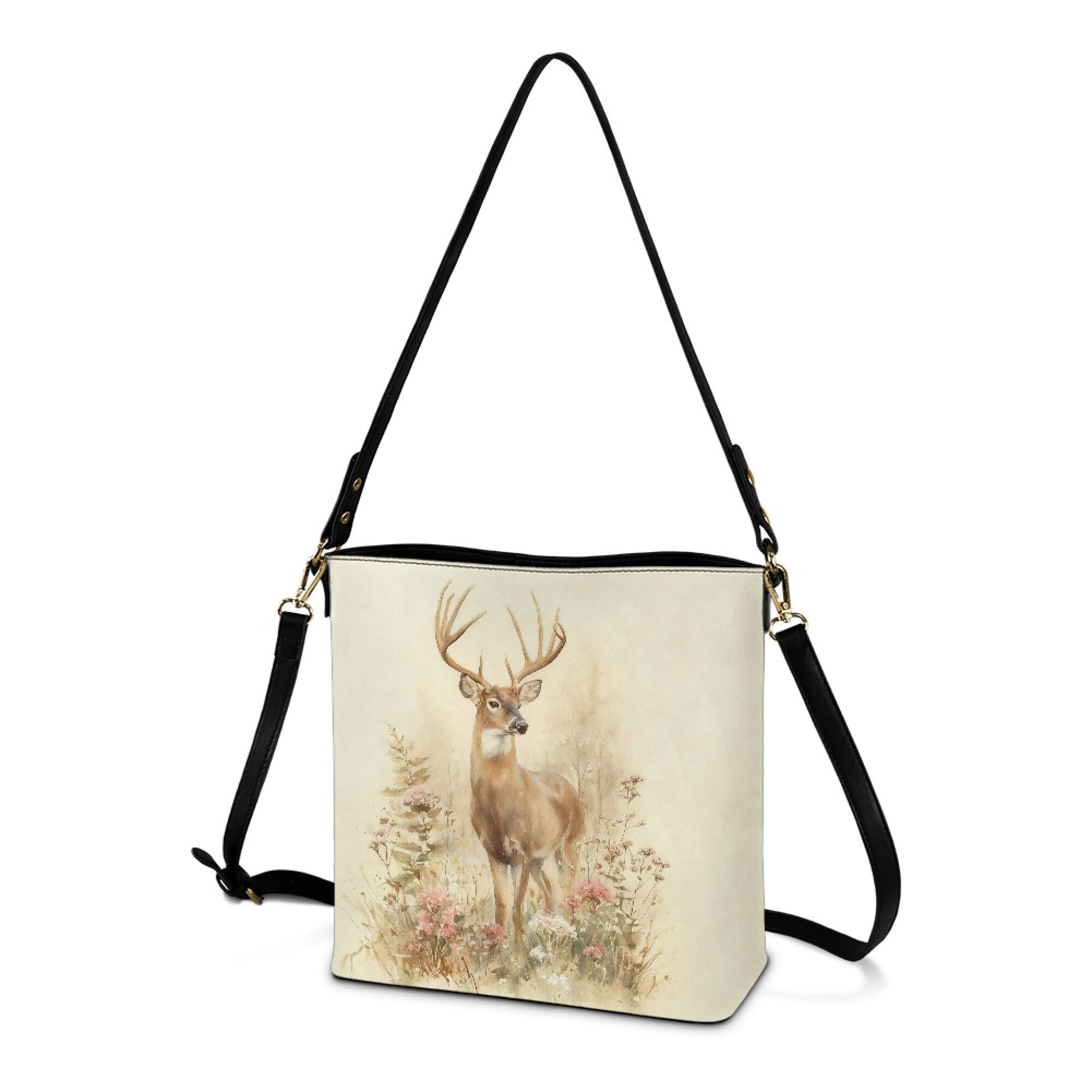 Kuiaobaty Deer Flowers Print Shoulder Purse for Women, Cute Vegan Leather Bucket Tote Bag Crossbody with Adjustable Strap, Waterproof Hobo Satchel Purse for Travel & Work, Beige