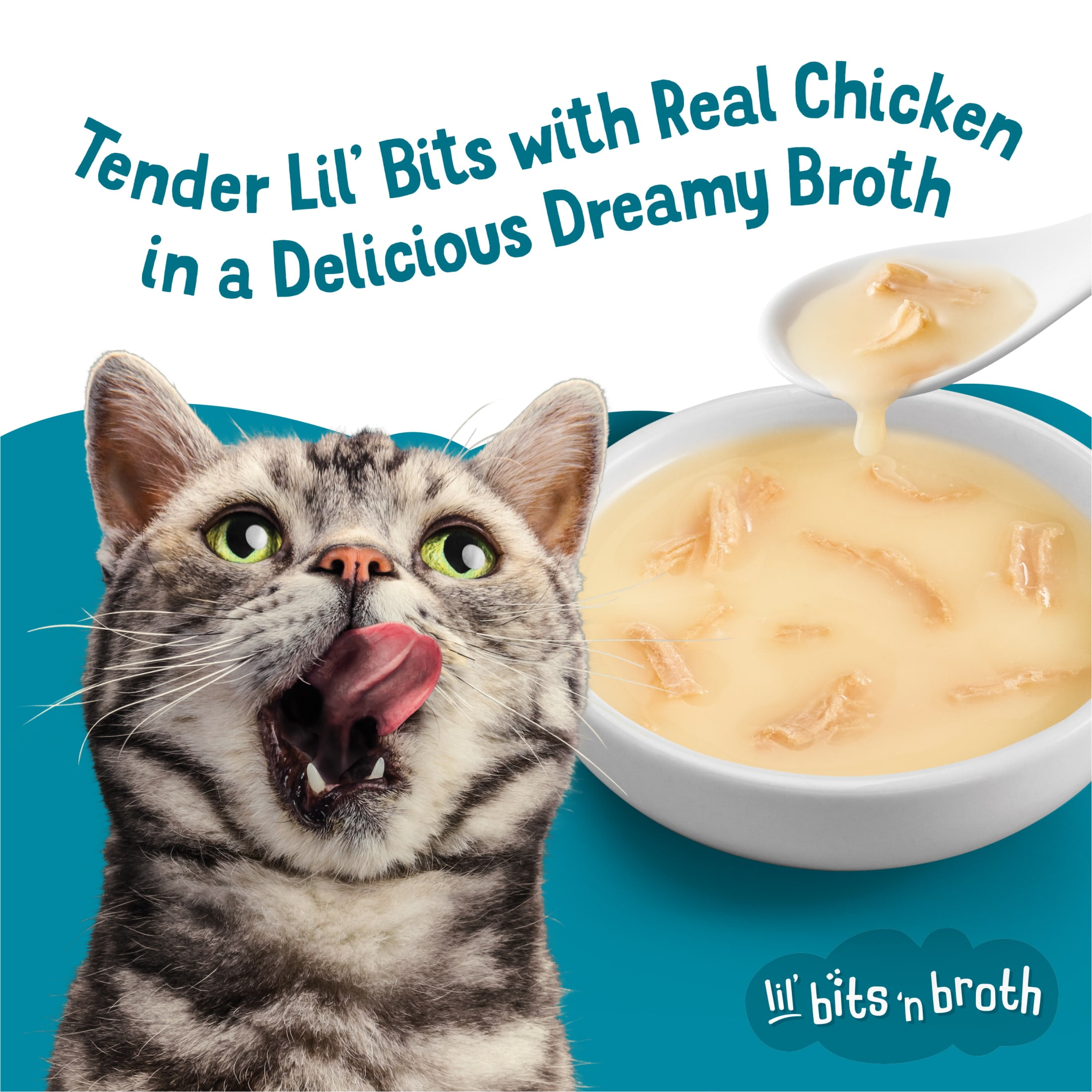 Purina Friskies Lickable Cat Treats Lil' Bits ‘n Broth with Shredded Chicken in a Dreamy Broth Cat Food Toppers, 1.2 oz Pouches, 16 Pack